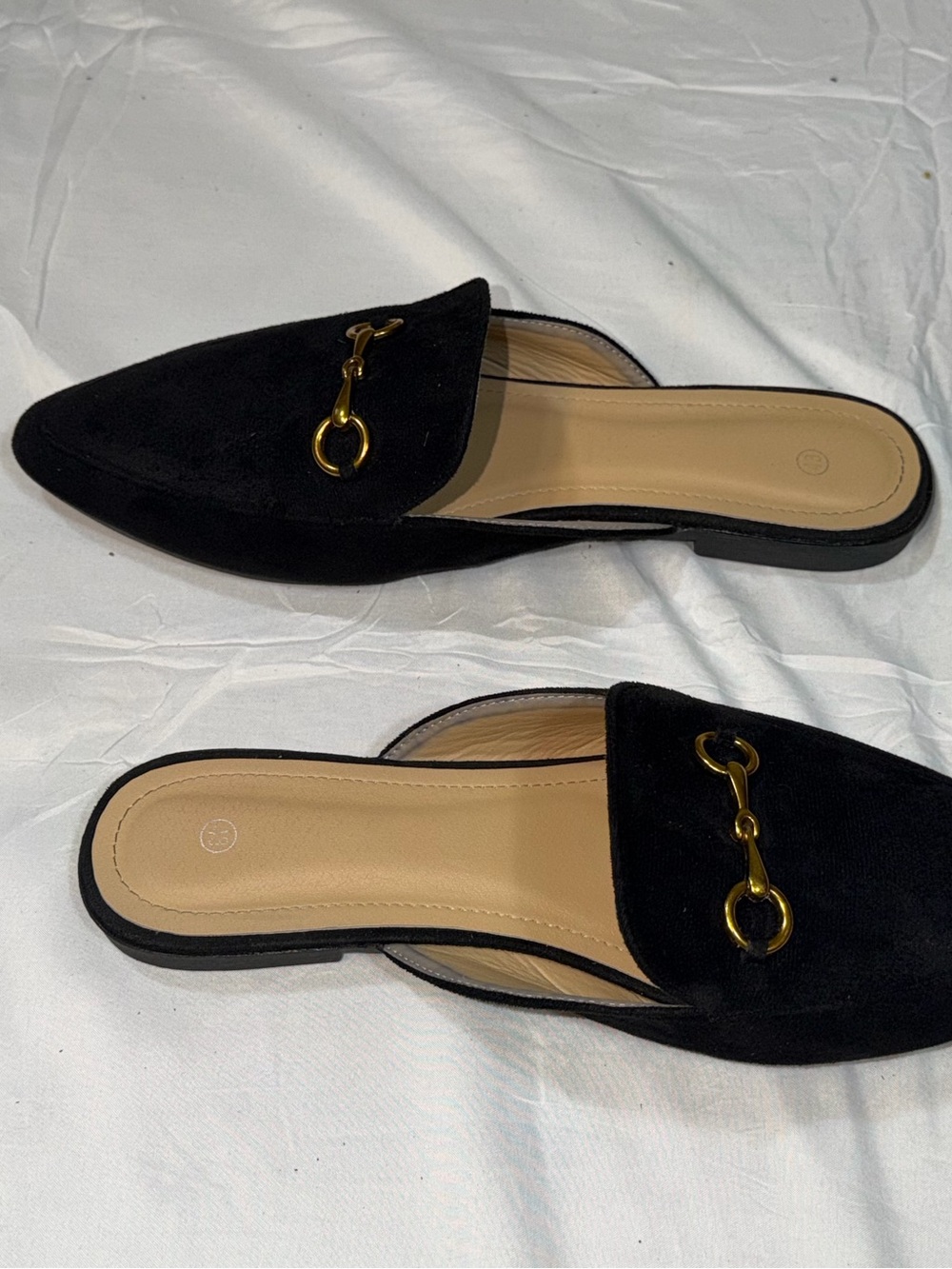SHEIN Black Suede Pointed Toe Flat Mules Gold Horsebit Buckle Slide Loafers 11 - Picture 5 of 7